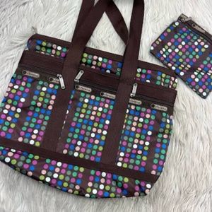 Lesportsac Weekender Bag with Make-Up Bag, Brown, Multi-Color Polka Dots